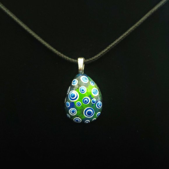 Hand Painted Dot Art Pendant,Blue Sapphire and White spheres multicolored - Picture 1 of 15